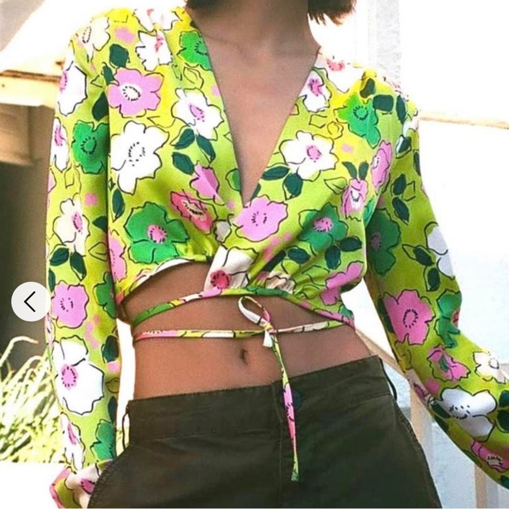 ZARA Satin Floral Wrap Long Sleeve Top